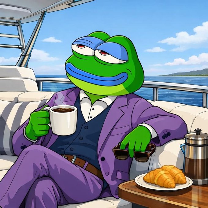 A Pepe frog in a purple suit lounges on a yacht, sipping coffee beside a croissant and French press, embodying the relaxed, long-term conviction behind $CNPY's deflationary token model highlighted in the post.