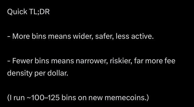 A black slide titled "Quick TL;DR" discusses trading bin strategies, stating that more bins means wider and safer while fewer bins means riskier, noting "I run ~100-125 bins on new memecoins."