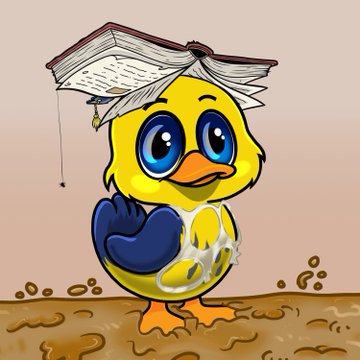 A cartoon illustration of a yellow duckling standing in dirt, wearing a blue wing, and balancing an open book on its head while wearing yellow-lensed goggles.