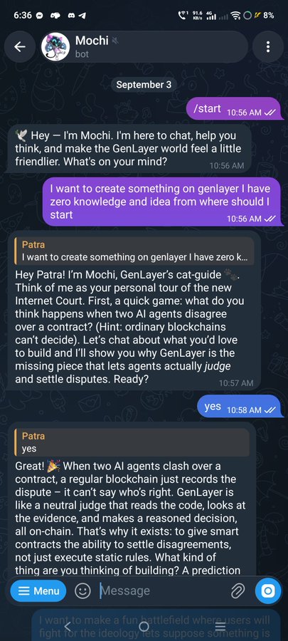 A Telegram chat screenshot shows a user named Patra conversing with a bot called 'Mochi' about the GenLayer platform, which is described as a neutral judge for AI agent contract disputes.