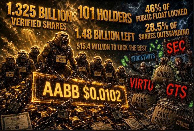 Dramatic promotional graphic for stock AABB showing "1.325 BILLION VERIFIED SHARES", "1.48 BILLION LEFT", "$15.4 MILLION TO LOCK THE REST", and the current price "AABB $0.0102", featuring bear imagery and labels for SEC, VIRTU, GTS, and fake shares.