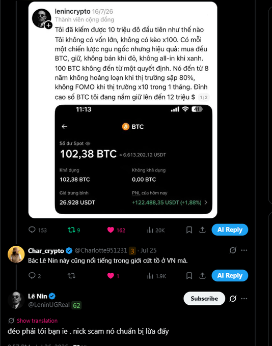 A Twitter/X screenshot of a Vietnamese-language post by 'lenincrypto' sharing a BTC wallet balance of 102.38 BTC (~$6,613,202.12 USDT), with replies from 'Char_crypto' and 'Lê Nin'.