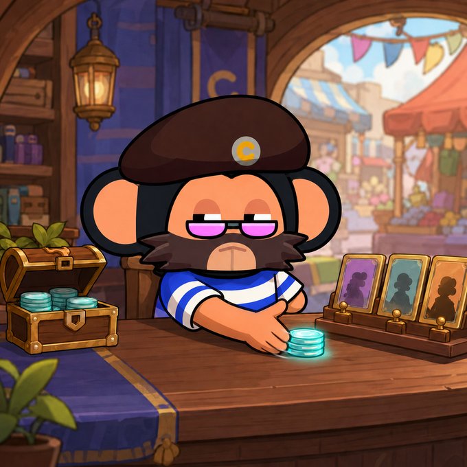 The image shows a cartoon monkey shopkeeper with a beret, beard, and pink sunglasses behind a market stall counter, counting glowing blue coins next to a treasure chest and silhouetted character cards. The "C" emblem on his hat and the shopkeeper persona directly reinforce the @ChimpersHQ treasury management theme, visually representing the post's message about actively putting the treasury to work through standing bids rather than hiding wallet activity.