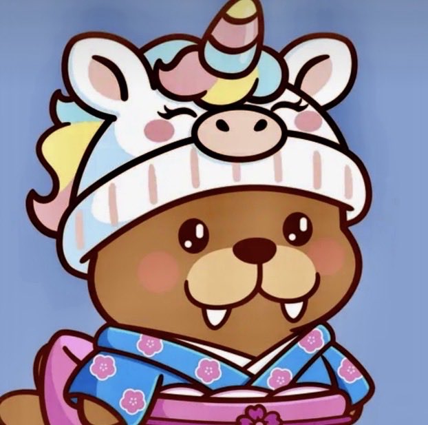 A cute digital illustration of a brown beaver-like character with two buck teeth, wearing a blue floral kimono and a rainbow unicorn hat, sitting in a pink tub.