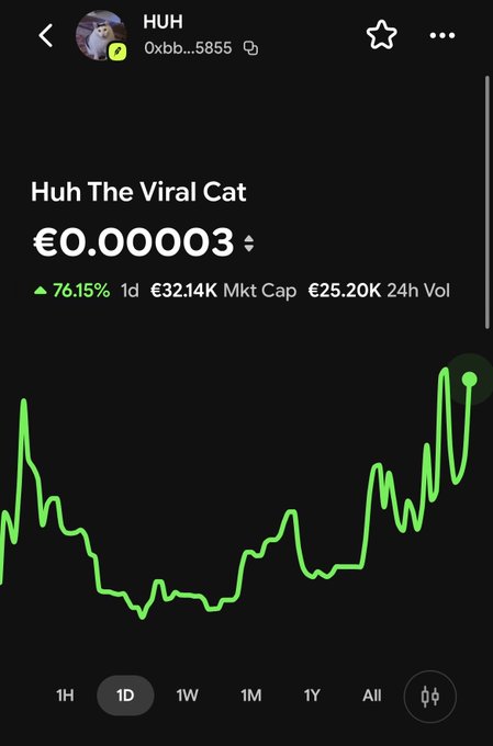 A cryptocurrency price chart for 'HUH' token ('Huh The Viral Cat'), showing a current price of €0.000003, a 76.15% increase, a market cap of €32.14K, and 24-hour trading volume of €25.20K.