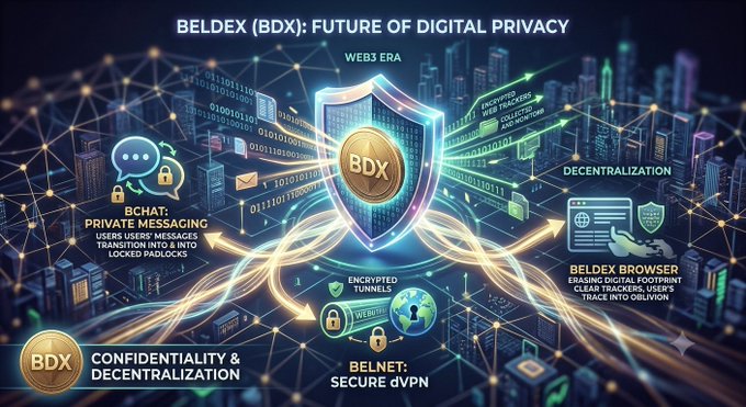 An infographic promoting 'BELDEX (BDX): FUTURE OF DIGITAL PRIVACY' with sections covering BChat private messaging, Beldex Browser, BelNet secure dVPN, and confidentiality and decentralization.
