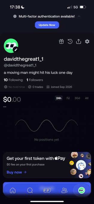 A mobile screenshot of the davidthegreat1_1 crypto trading profile on what appears to be the Zora app, showing $0.00 portfolio value and a bio that reads 'a moving man might hit his luck one day.'