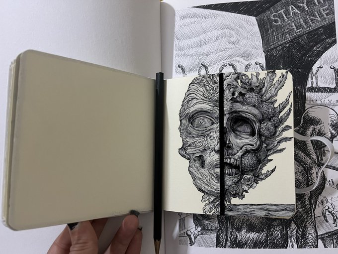 An open sketchbook displays a detailed black ink drawing of a split face—half human and half skull with coral-like growths—alongside a pencil resting on the page.