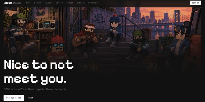 A pixel art style website header for 'SADDR studio' shows characters on stoops with a city skyline at sunset, with the tagline 'Nice to not meet you.' and text stating '2,800 faces on Zcash. The art is public. The owner never is.'