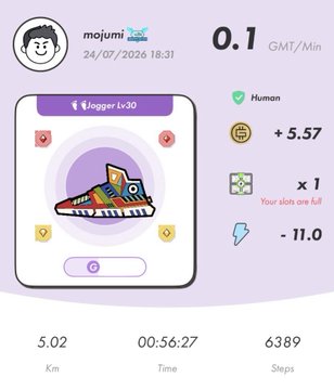 A StepN walking stats screenshot showing user "mojumi" with 0.1 GMT/Min earnings, +5.57 GMT profit, a Jogger Lv30 sneaker, 5.02 km walked in 00:56:27 with 6389 steps, tied to a Japanese post about maintaining LB rank 198 while completing 45.2 ENAs of walking over ~3 hours 45 minutes.