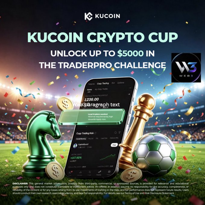 KuCoin Crypto Cup promotional graphic advertising 'UNLOCK UP TO $5000 IN THE TRADERPRO CHALLENGE' featuring a smartphone with a trading app, chess pieces, a soccer ball, and gold coins on a stadium background.
