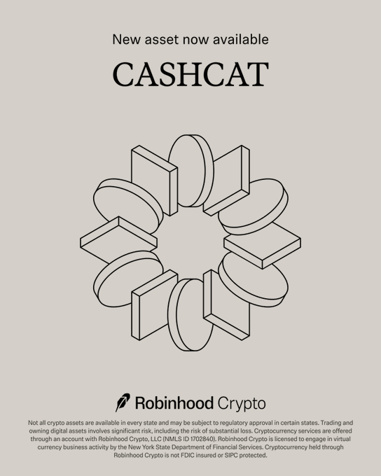 Minimalist announcement from Robinhood Crypto stating 'New asset now available' for 'CASHCAT', featuring a circular arrangement of 3D rectangular and coin-like shapes.