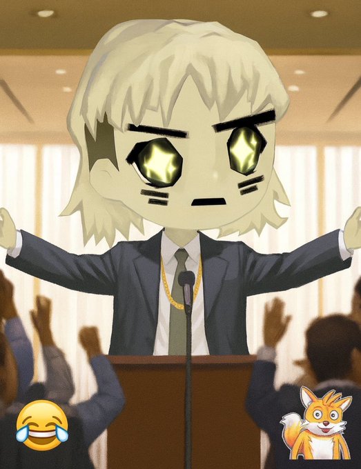 An anime-style illustration of a character with blonde hair and glowing star-shaped eyes in a suit, standing at a podium with arms raised, with laughing and fox emojis in the corners.