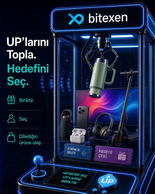 A promotional advertisement for Bitexen features a neon-lit claw machine displaying prizes like an iPhone, AirPods, headphones, a portable speaker, and an electric scooter, with control buttons labeled "HEDEFİNİ SEÇ UP'LARINI BİRİKTİR" and "UP," alongside Turkish text reading "UP'larını Topla. Hedefini Seç." The image visually illustrates the platform's loyalty program by depicting users collecting "UP" points to redeem for various tech products and gift vouchers, matching the caption's message about saving UPs to unlock rewards from daily tasks, prize wheels, and social media missions.