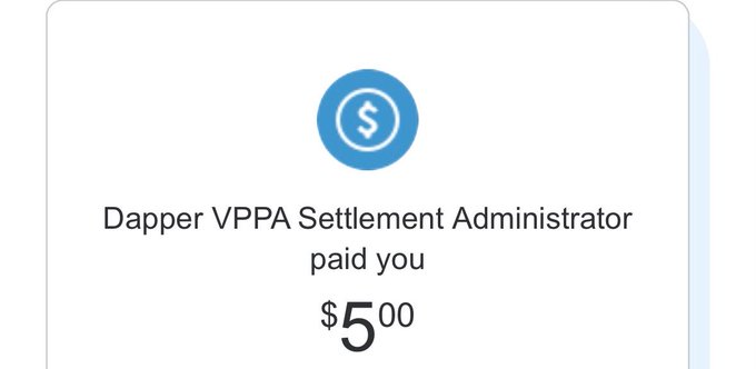 A payment notification from 'Dapper VPPA Settlement Administrator' confirming a payment of $5.00.