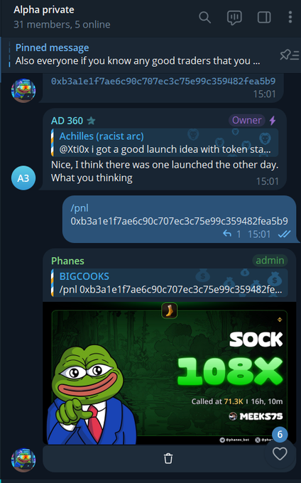 A screenshot of a Telegram group chat called "Alpha private" showing discussions among members about crypto token launches, with a meme image titled "SOCK 108X" called at 71.3K by user MEEKS75. The post caption "0xb3a1e1f7ae6c90c707ec3c75e99c359482fea5b9" appears to be the same wallet/contract address referenced by user BIGCOOKS in the chat when running a /pnl command.
