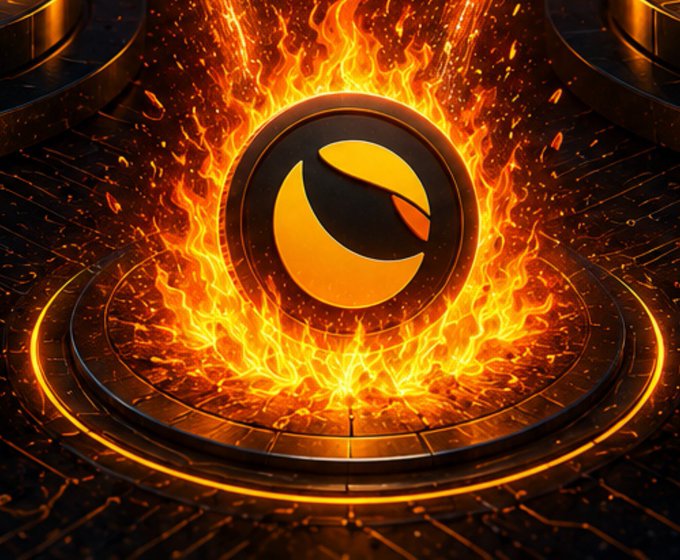 A glowing crescent moon emblem wreathed in flames rests on a circular metallic platform, with vibrant fire and embers radiating outward to symbolize the burning conviction of staked capital. The fiery imagery visually reinforces the idea that the 931 billion $LUNC tokens locked in staking are actively "on fire" with holder commitment rather than dormant.