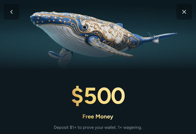 The image shows a decorative, ornate whale graphic on a dark teal background above a "$500 Free Money" promotional offer that requires depositing $1+ with 1x wagering to claim. The visual directly illustrates the $500 reward being advertised in the post, which directs users to sign up at housebets.com/r/Hydraze420 and verify their crypto wallet usage to receive the free money bonus.