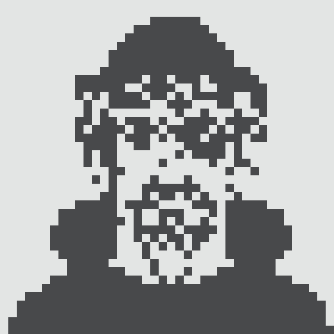 A dark pixel art silhouette of a bearded man's portrait, likely a stylized depiction of a historical figure, rendered in a blocky 8-bit style.