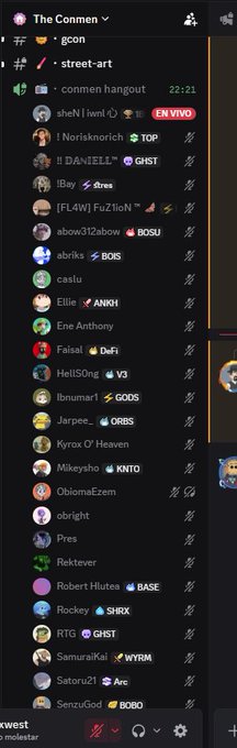 A Discord voice channel interface called 'The Conmen' showing a list of users in voice channels including sheN, Norisknorich, DÄNIEL, strres, and many others with various status badges.