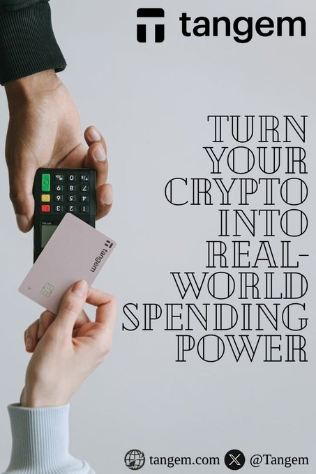 A promotional advertisement for Tangem featuring hands holding a payment terminal and a Tangem card, with text 'TURN YOUR CRYPTO INTO REAL-WORLD SPENDING POWER' and the website tangem.com and @Tangem social handle.