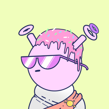 A cartoon character with pink skin, a pink frosted head with sprinkles, a glowing purple halo, and purple sunglasses, wearing an orange shirt with a sun design.