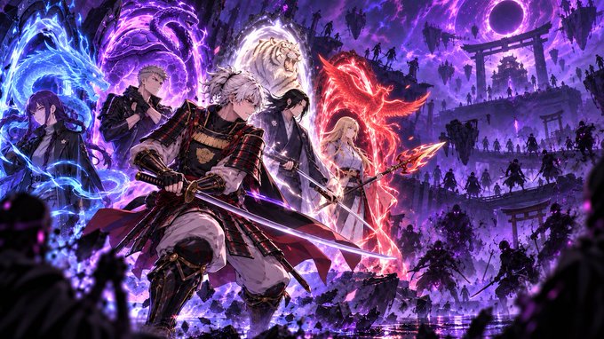 An illustration of several anime-style characters wielding swords and surrounded by colorful elemental spirits in blue, purple, white, and red, set against a dark purple background featuring floating structures and silhouettes of onlookers.