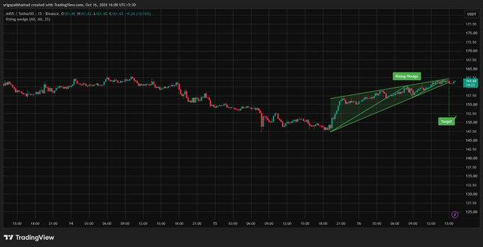A TradingView candlestick chart for AMDT/TetherUS showing a 'Rising Wedge' pattern with annotations for 'Target', 'Rising Wedge', and a price around 162.00 USDT.