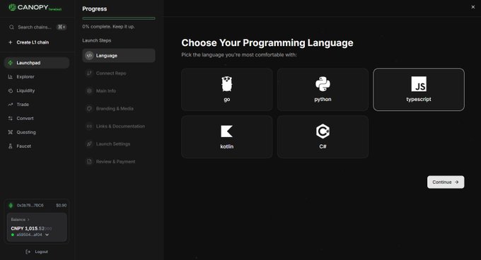 Canopy Launchpad interface showing a 'Choose Your Programming Language' step with options for go, python, typescript, kotlin, and C#, with typescript selected.