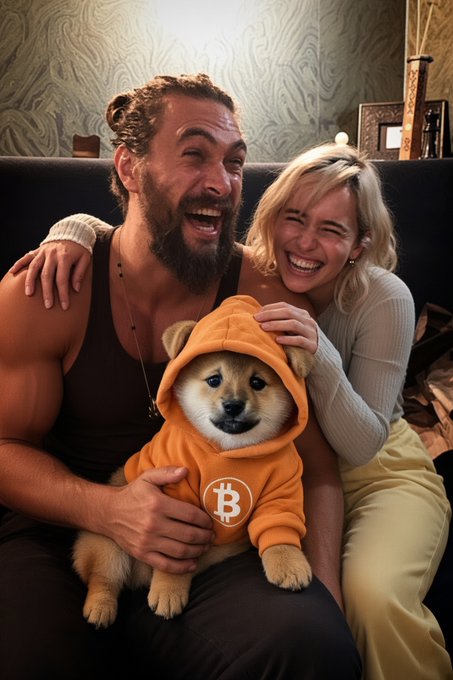 A bearded man and a blonde woman laugh joyfully while cuddling a Shiba Inu puppy wearing an orange hoodie with the Bitcoin "₿" logo, fitting the "$DOG follow $DOG" post by blending crypto and doge meme culture.