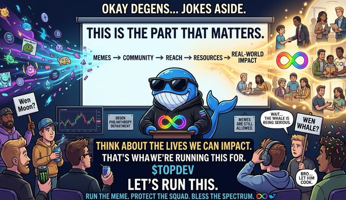 A meme-style image featuring a cartoon whale character in sunglasses and a hoodie presenting at a whiteboard, surrounded by a diverse audience. The whiteboard displays 'THIS IS THE PART THAT MATTERS' and 'MEMES → COMMUNITY → REACH → RESOURCES → REAL-WORLD IMPACT'. Text reads 'OKAY DEGENS... JOKES ASIDE' at the top and '$TOPDEV LET'S RUN THIS' at the bottom, with various speech bubbles like 'Wen Moon?', 'Wen Whale?', and 'BRO, LET HIM COOK.'
