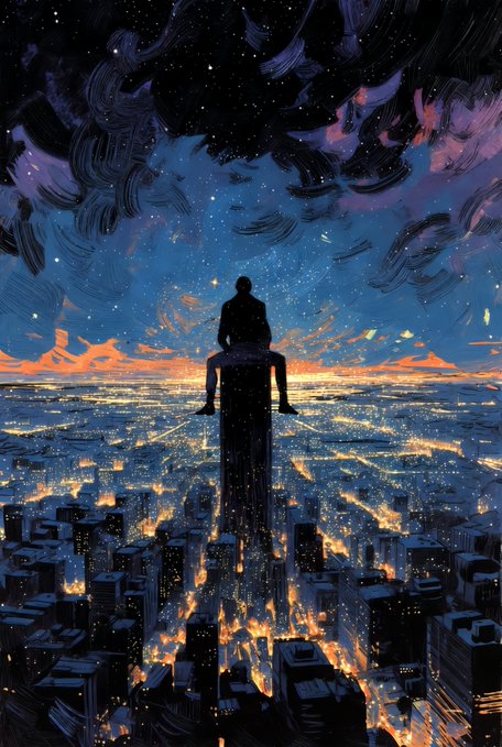 A stylized illustration of a silhouetted figure sitting atop a tall pillar overlooking a sprawling, illuminated cityscape under a starry, painterly twilight sky.