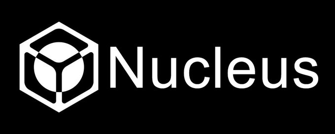 A black logo for 'Nucleus' with a hexagonal geometric icon.