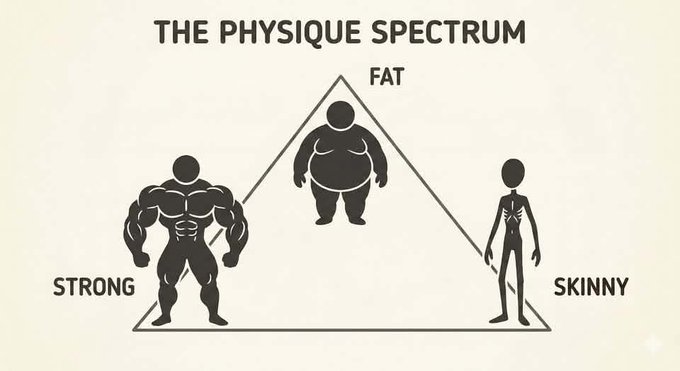 A humorous diagram titled 'THE PHYSIQUE SPECTRUM' showing a triangle connecting three body types: a muscular 'STRONG' figure, an overweight 'FAT' figure at the top, and a thin 'SKINNY' figure.