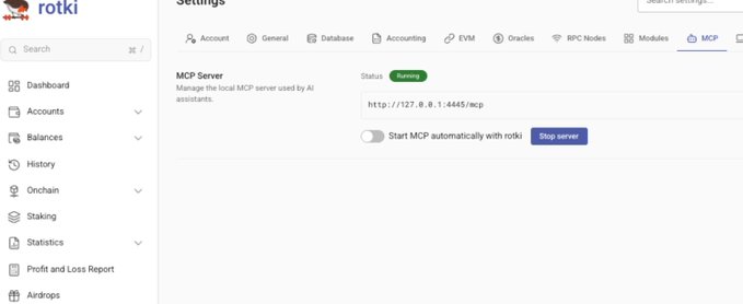 A screenshot of the 'rotki' application settings page showing an 'MCP Server' section with status 'Running' and URL 'http://127.0.0.1:4445/mcp', alongside a 'Stop server' button.