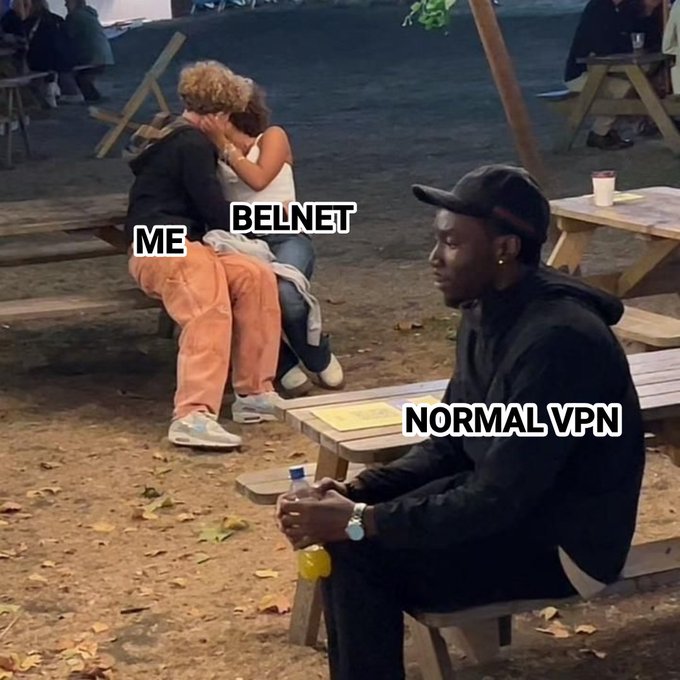 A meme featuring a photo at an outdoor setting with two people labeled 'ME' and 'BELNET' sitting closely together, while a separate person labeled 'NORMAL VPN' sits alone on a bench.