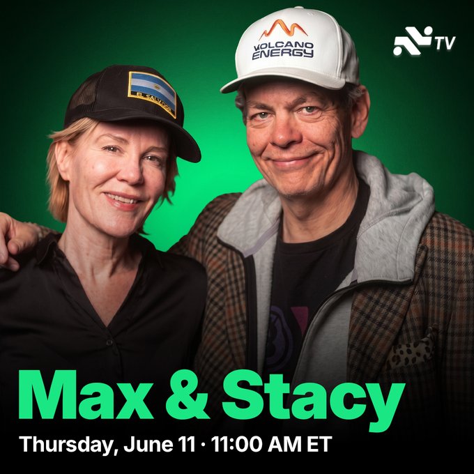 The image features a man wearing a white baseball cap with "Volcanoes Energy" written on it, smiling at the camera. Behind him, there's another person also wearing a hat, but their face isn't visible. The text "EXCLUSIVE TODAY: BITCOIN LEGENDS @maxkeiser and @stacyherbert join us live" is displayed in the image, indicating that this post is about Bitcoin and its connection to the two individuals featured.
