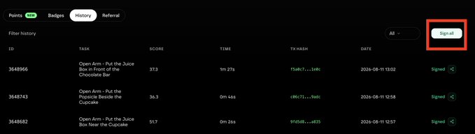 A screenshot of a Task Points history dashboard displaying completed tasks for the "Open Arm - Put the Juice Box in Front of the Chocolate Bar" and "Open Arm - Put the Popsicle Beside the Cupcake" tasks with scores of 37.3 and 36.3, each marked as "Signed," with the "Signed" filter button highlighted. The image likely supports the accompanying post by showing participation in the Axis Robotics points campaign, demonstrating user activity to potentially qualify for the announced airdrop.