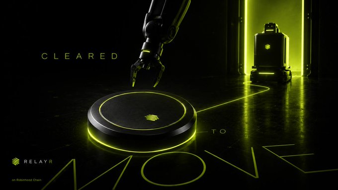 A futuristic promotional image with "CLEARED TO MOVE" text in neon yellow-green, featuring a robotic arm over a glowing circular platform and a robot in the background, branded with the "RELAYR" logo.