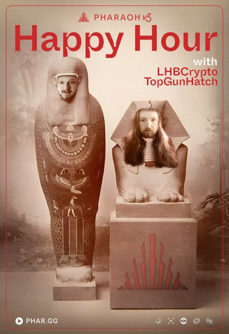 The image features a poster for the new Egyptian-themed podcast, "The New Pharaoh Exchange". The poster includes two statues of pharaohs, one standing upright and another lying down, with their heads turned towards each other. The text on the poster announces that there is a new Happy Hour feature at the podcast, which will be held every Wednesday at 1pm EST. Additionally, the post mentions that the exchange team has shared some interesting information about the top gun hatch, and it's worth checking out for more details.