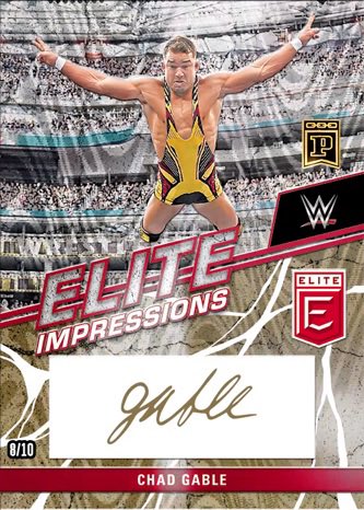 A WWE Elite Impressions trading card featuring wrestler Chad Gable with arms spread wide in a wrestling pose, with an autograph and 9/10 numbering.