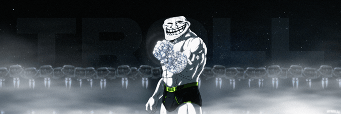 A black and white image features a muscular trollface character wearing diamond-covered gloves and underwear with a green belt, standing in front of a row of glowing objects.