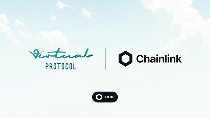 The image features a logo that says "virtuals" above a logo of a hexagon, which reads "chainlink". The text below the logos states "CCIP". This suggests that the image might be related to a partnership between virtuals and chainlink or an advertisement for a virtual service.