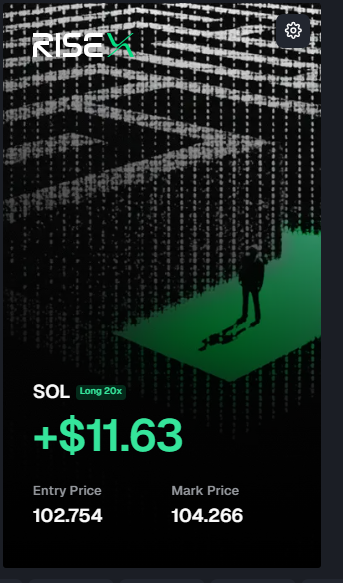 A dark-themed trading app screenshot from 'RISEX' showing a 'SOL Long 20x' position with a gain of +$11.63, entry price 102.754, and mark price 104.266.