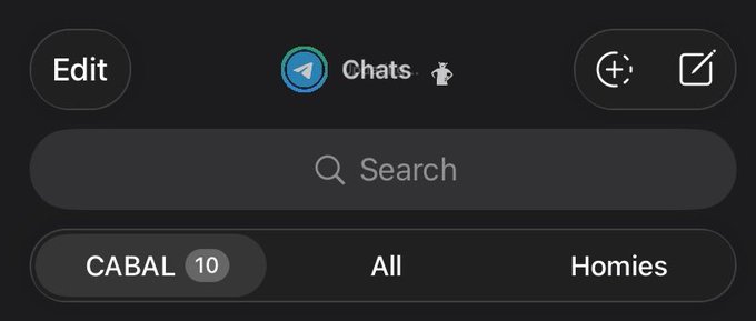 A dark-themed Telegram interface shows a 'Chats' header, a search bar, and filter options including a 'CABAL' chat with 10 unread messages.