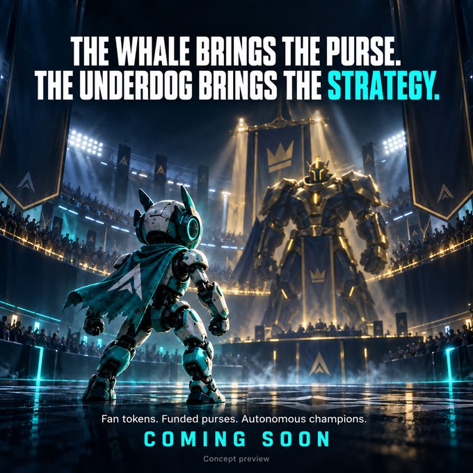A promotional poster features a small teal robot facing a giant golden mech in an arena, with the text 'THE WHALE BRINGS THE PURSE. THE UNDERDOG BRINGS THE STRATEGY. Fan tokens. Funded purses. Autonomous champions. COMING SOON Concept preview'.