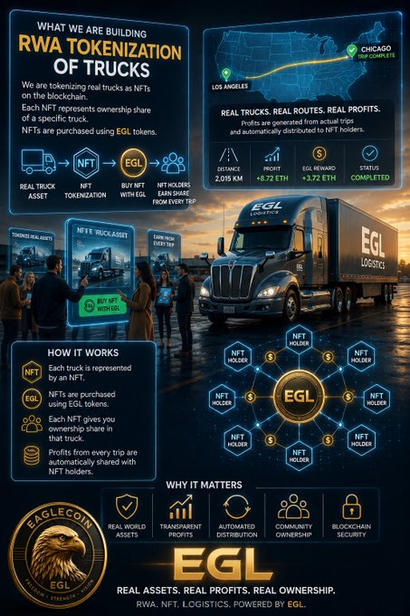An infographic for "EAGLECOIN" ("EGL") details "RWA TOKENIZATION OF TRUCKS," explaining how real trucks are tokenized as NFTs and profits from routes are distributed to NFT holders.