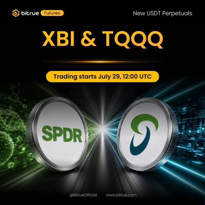 A promotional graphic from Bitrue Futures announcing new USDT perpetual contracts for XBI and TQQQ, featuring the SPDR S&P Biotech ETF and ProShares UltraPro logos, with trading set to begin July 29 at 12:00 UTC.
