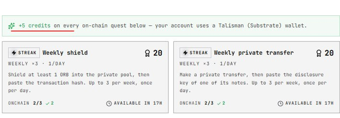 The image shows two Orbinum on-chain quests offering bonus points: "Weekly shield" (20 points, 2/3 completed) requiring shielding at least 1 ORB into the private pool, and "Weekly private transfer" (20 points, 2/3 completed) requiring a private transfer with a disclosure key. A banner at the top highlights "+5 credits on every on-chain quest" for Talisman (Substrate) wallet users, illustrating the extra points promotion mentioned in the post.