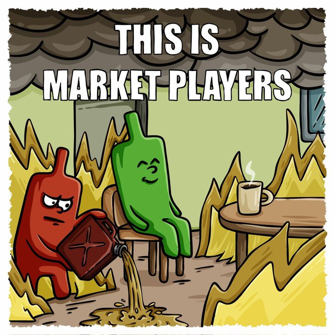 Cartoon-style illustration titled "This Is Market Players" showing a smiling green character (bull) sitting calmly with a coffee cup while a frowning red character (bear) pours gasoline onto a fire around them.